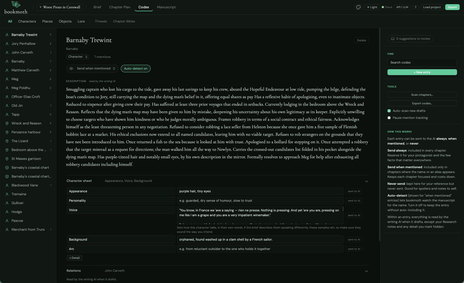A bookmoth codex character entry with a Voice field of example dialogue lines